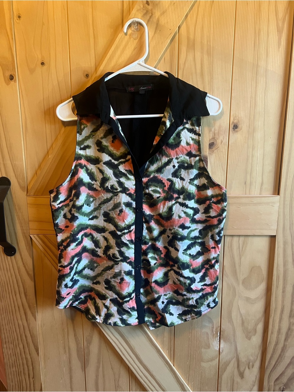 HeartSoul Multicolor Animal-Print Sleeveless Button Top with Black Trim XL Sheer